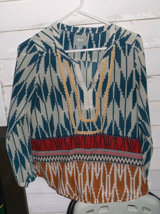 Maeve Tops - Maeve Teal & Cream Boho Geometric Blouse, Decorative Trim, Long Sleeve, Like New